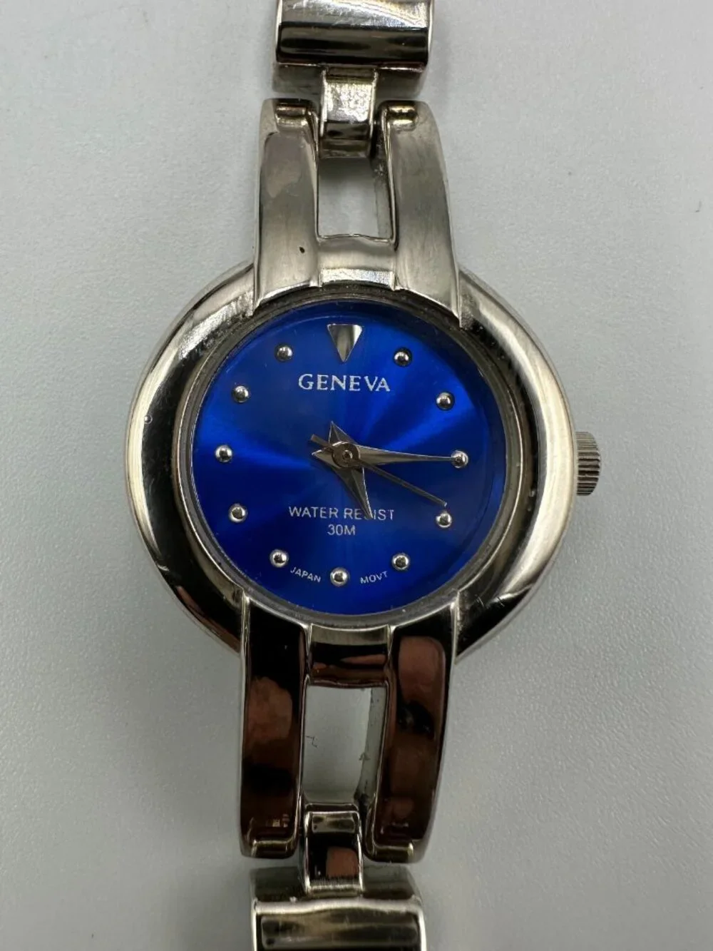 3/$30 Geneva Watch Women Silver Tone Small Blue Dial 22MM New Battery 6.25 Inch